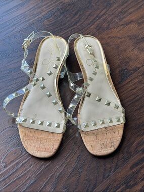 Jessica Simpson Clear PVC Studded Cork Sling Sandals - Gold Studs